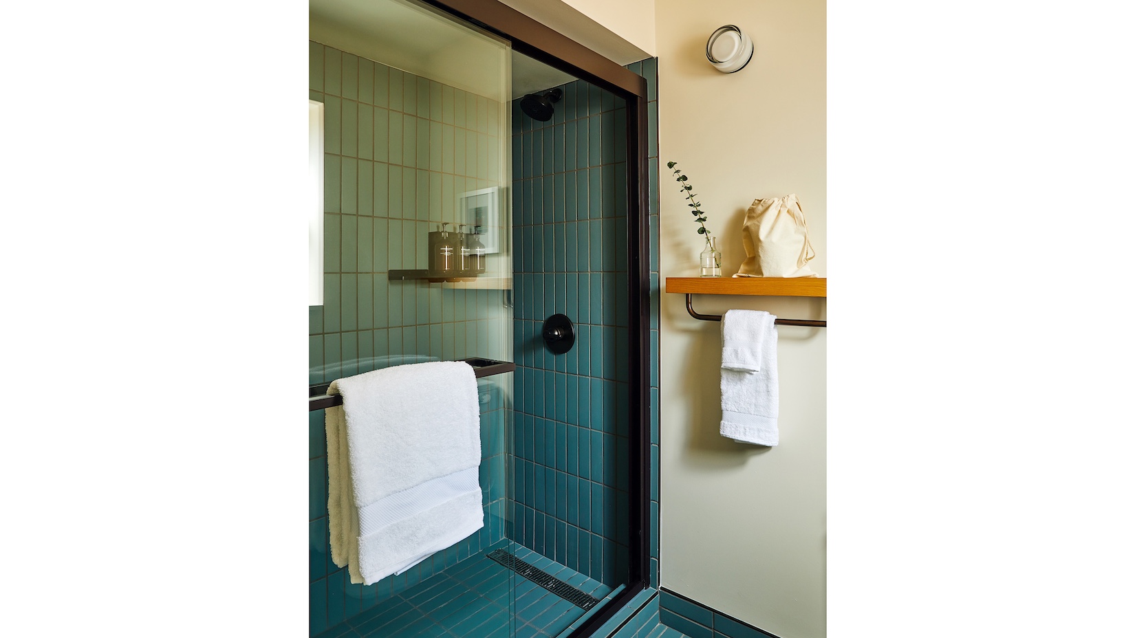 shower with towel and toiletries