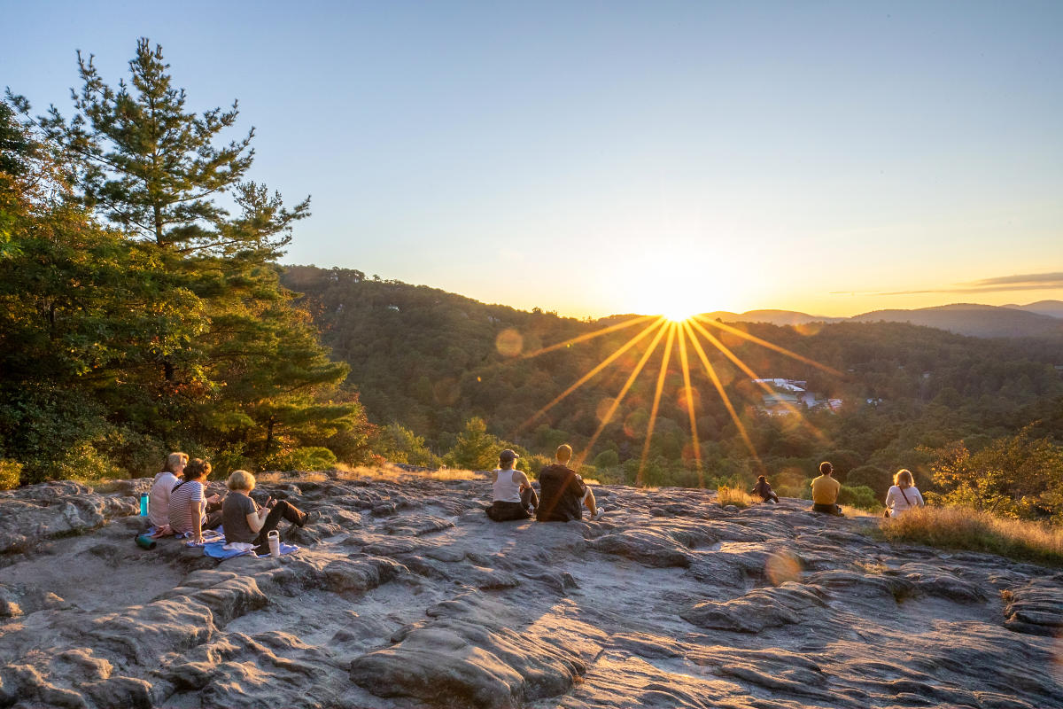 hiking at sunset rock in the highlands, nc.